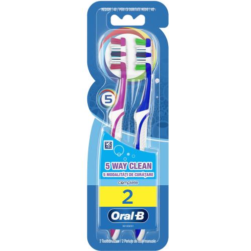 Oral-B Complete 5 Way Clean Medium Toothbrush 40mm Μωβ - Μπλε Οδοντόβουρτσα με Μεσαίας Σκληρότητας Ίνες για Βαθύ Καθαρισμό 2 Τεμάχια